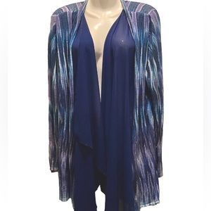 Chicos size 2 =L long sleeve poly crepe Ex. Cond. Blue Print kimono jacket tunic